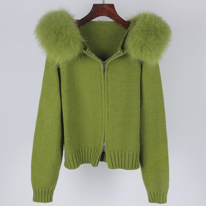 Women's Clothing Zipper Real Fox Fur Collar Hooded Cardigan Tops Jacket Women High end Spring and Autumn