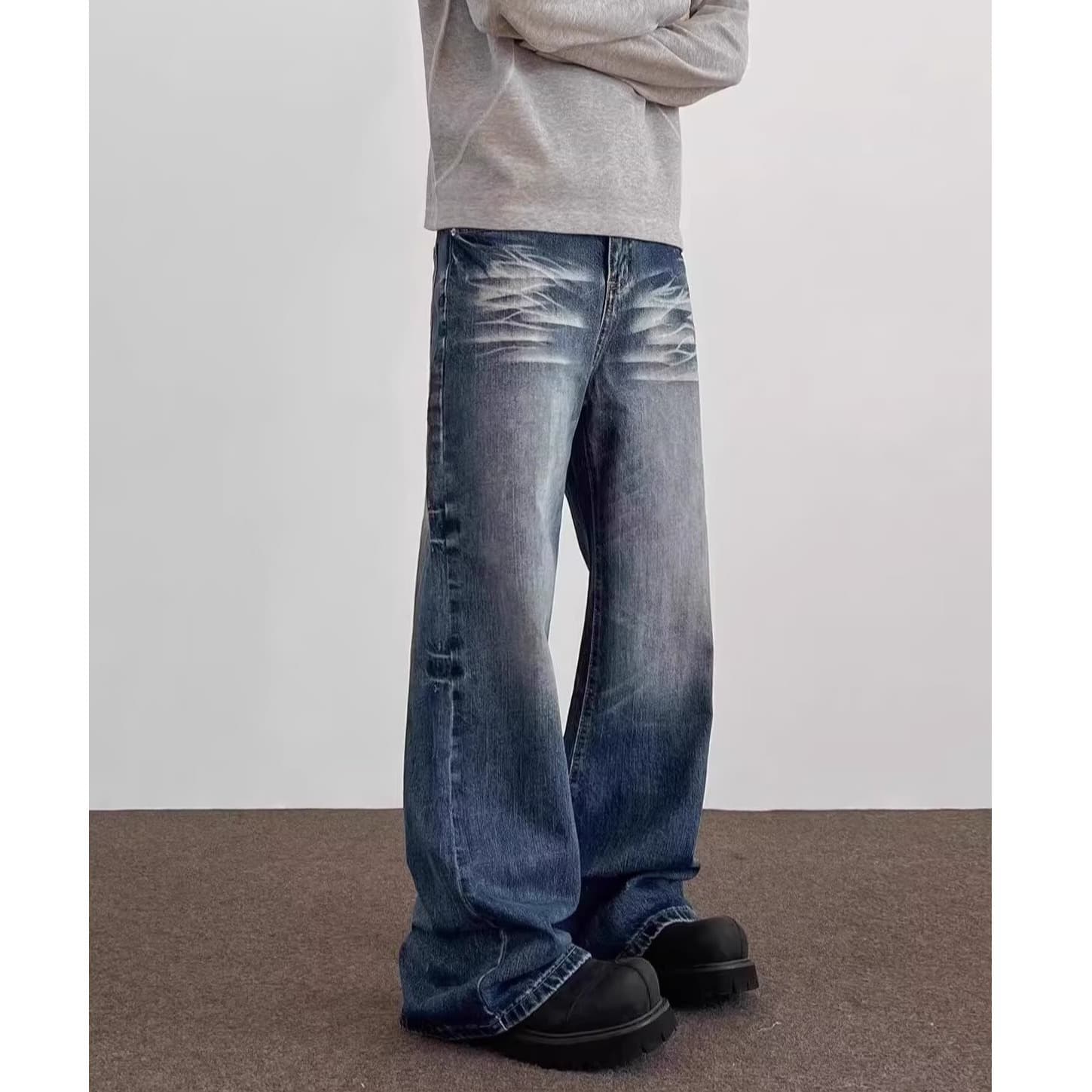 Men's Clothing American High Street Vibe Style Retro Washed Cat Whisker Distressed Jeans Men's Trendy Straight Loose Pleated Trousers