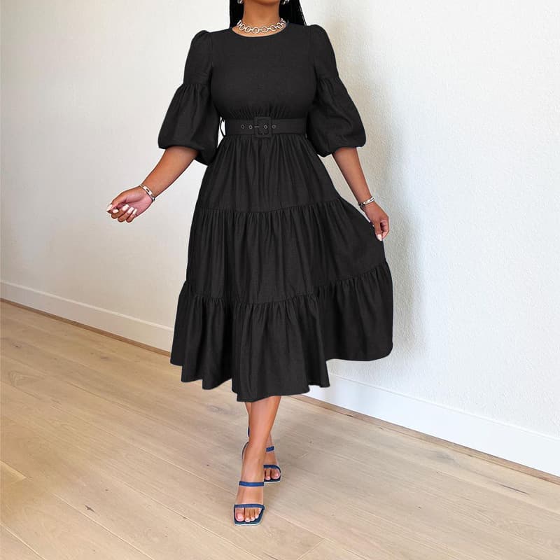 Women's Fashion Round Neck Large Swing Mid-Sleeve Denim Dress