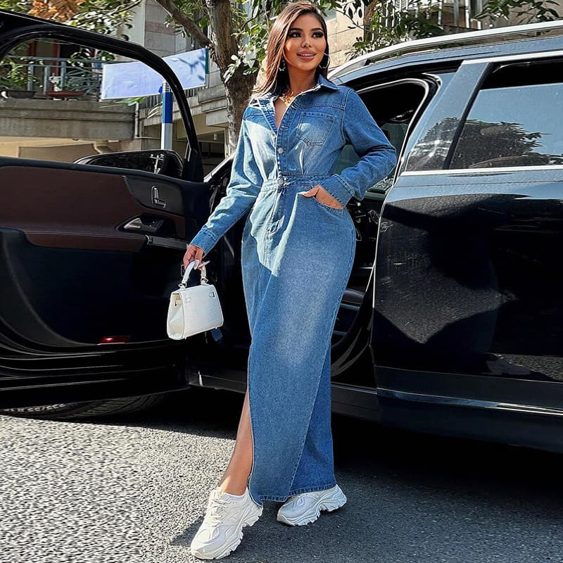 Women's Clothing 218617 fashion women's wear lapel long sleeve slit long dress source factory direct sales