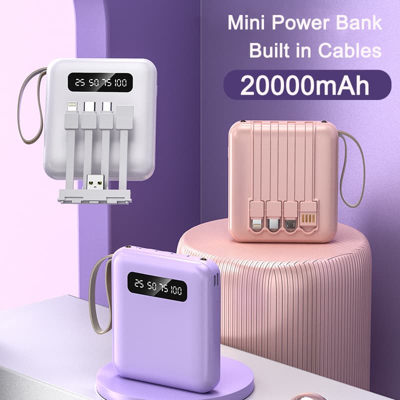 Mini Power Bank Fast Charging Large Capacity 20000 MAh Mirror Screen Portable Powerbank With Cable For Suitable For All Mobile Phones