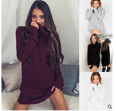 Women's solid color sexy turtleneck long sleeve sweater dress