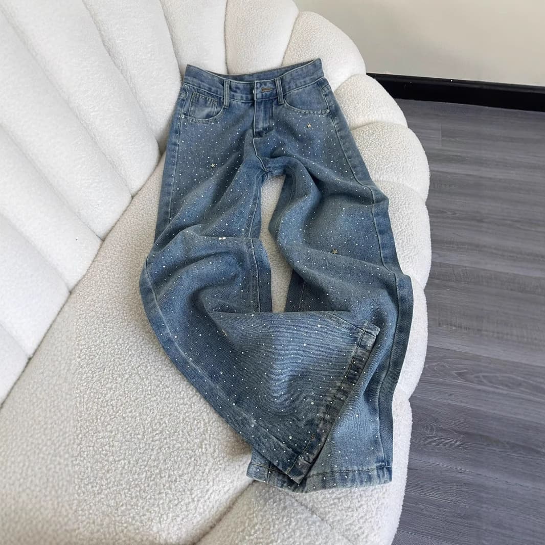Heavy-Duty Rhinestone Jeans – High-Waisted Straight-Leg Pants For Women, Plus Size & Petite Friendly, Summer Light Blue Washed Denim