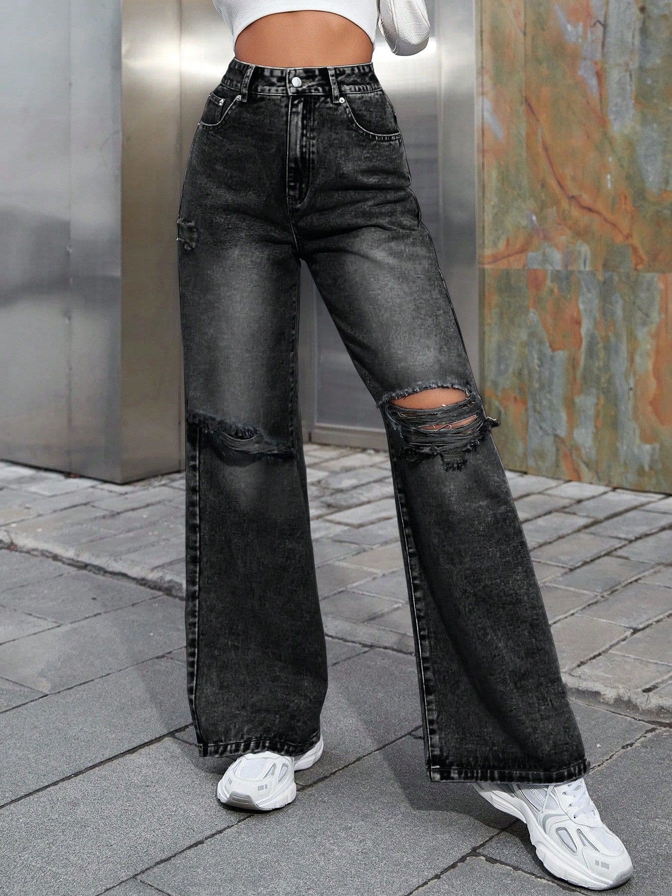 Cross border women's clothing European and American INS fashion hole high waist wide leg pants casual denim long