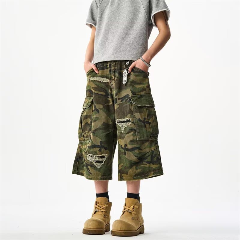 Men's Clothing Retro Camouflage Ripped Work Shorts For Men And Women Loose Summer Retro Handsome Wide Leg Cropped Pants