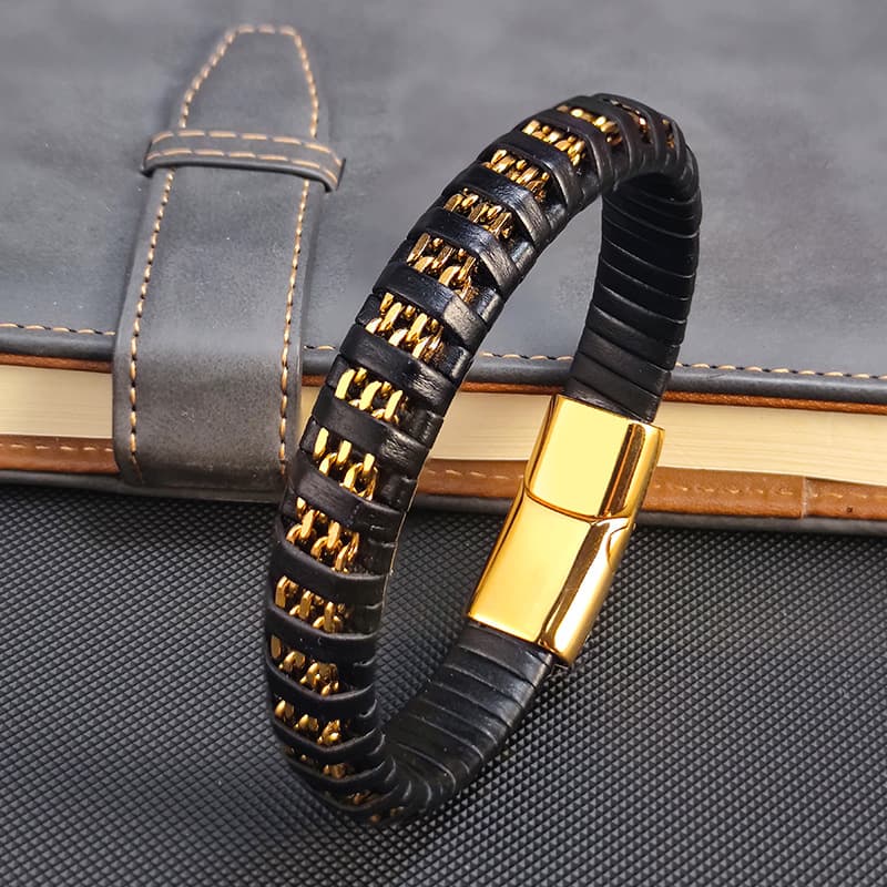 European And American Gold Cuban Chain Trendy Men's Fashion Versatile Stainless Steel Multi-layer Braided Leather