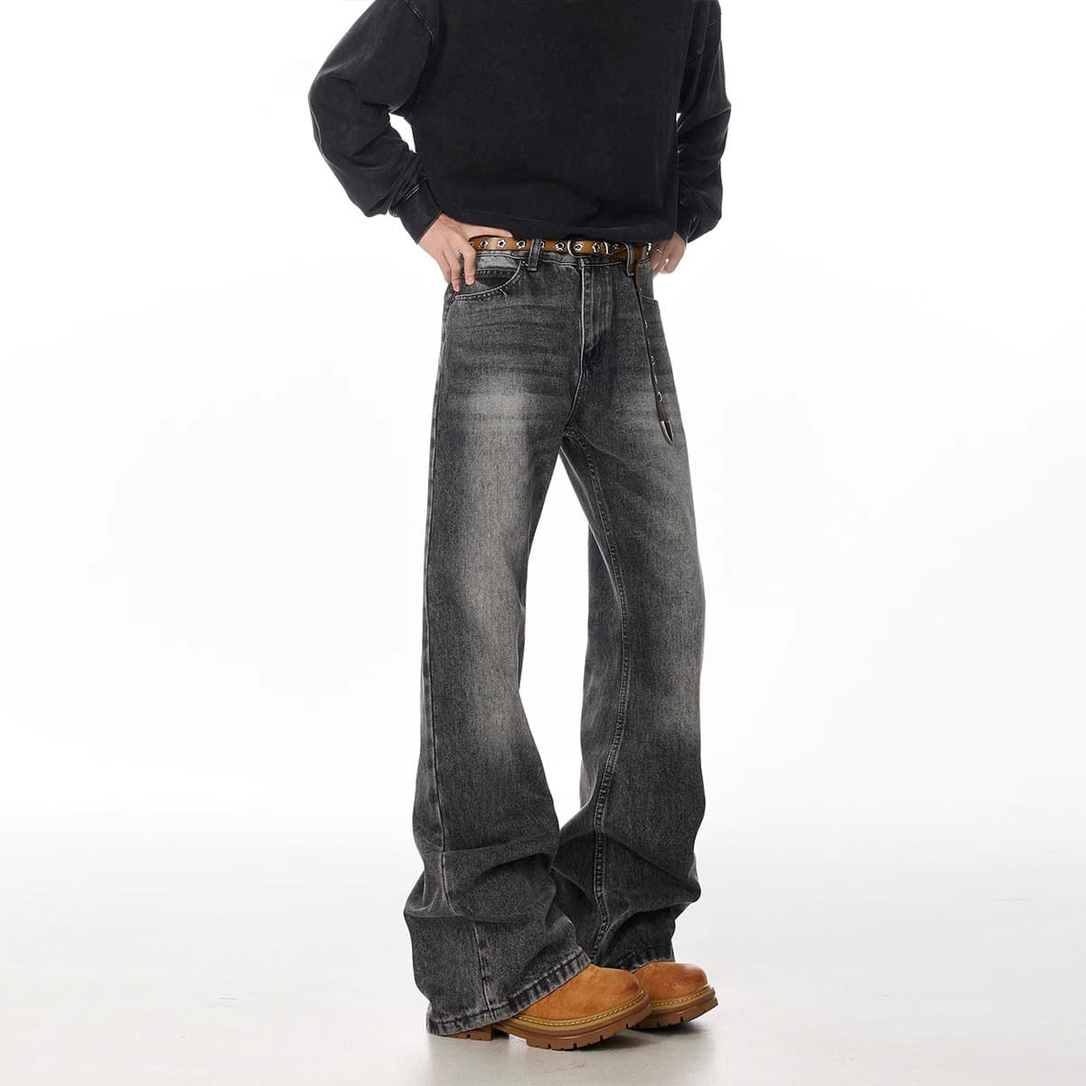 ​​Men's Fashion Washed Smoke Grey Jeans - Vintage Straight & Slight Flare Denim Pants With Trendy Curve Hem​​