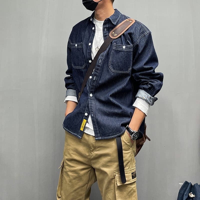 Retro Loose Striped Denim Long Sleeved Shirt, Men's Trendy Brand Casual Men's Versatile Shirt Jacket