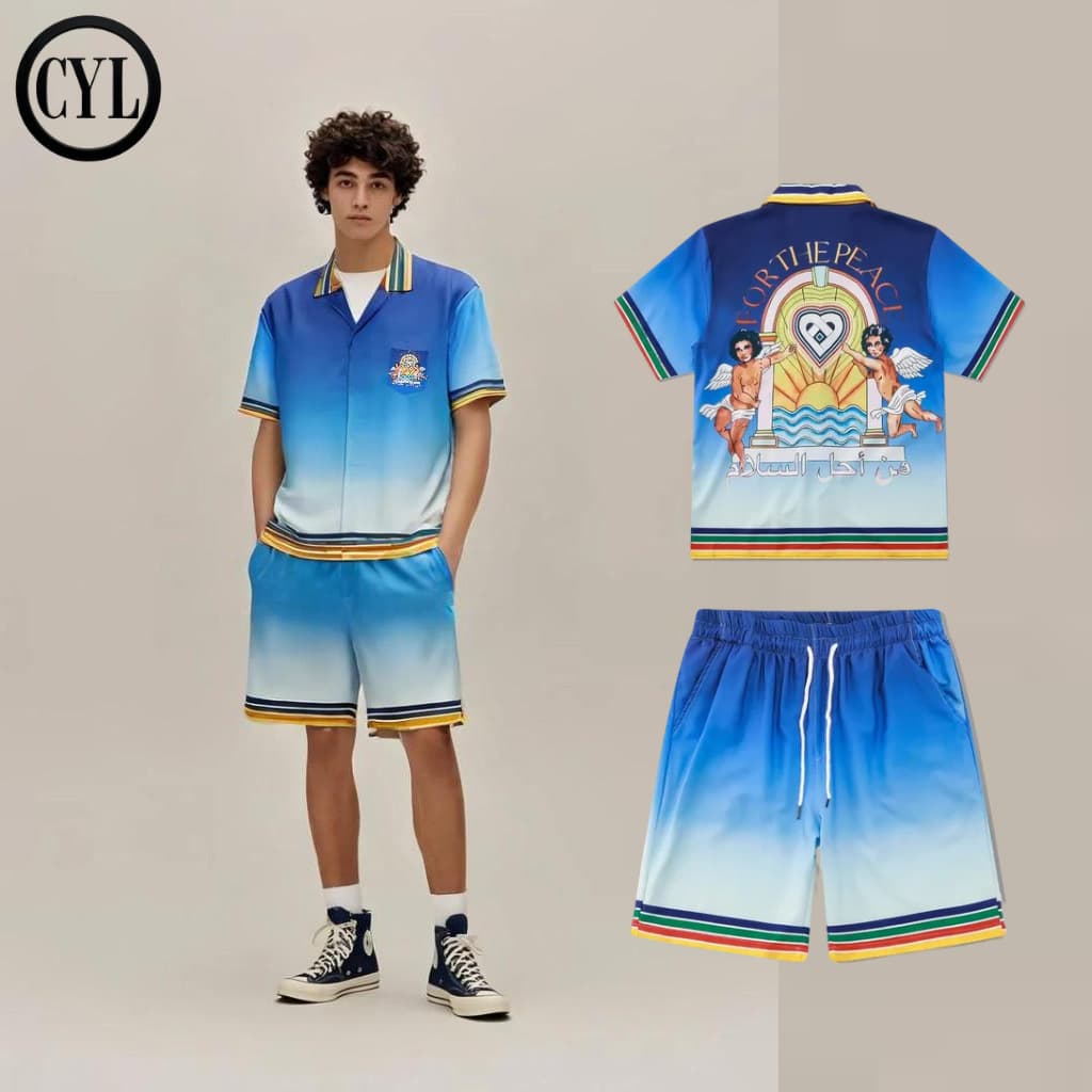 Men's Clothing Little Angel Cuban Collar Shirt Suit Short Sleeve Men Spring And Summer Atmosphere Shirt Shorts Matching