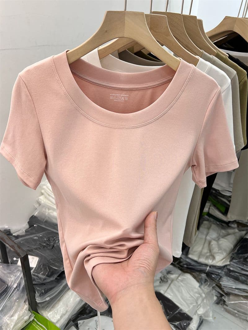 Women's Clothing solid color round neck short-sleeved T-shirt women's summer slim fit slim short-sleeved top