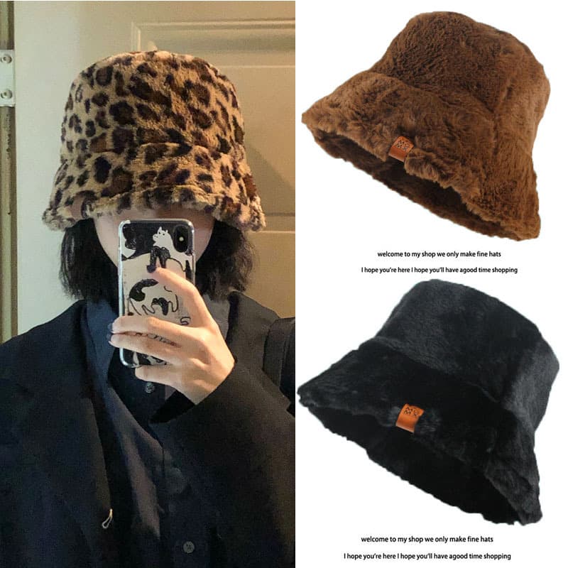 Autumn and winter hat women's sweet and cute bucket hat hat leopard plush fisherman hat warm thickened basin hat