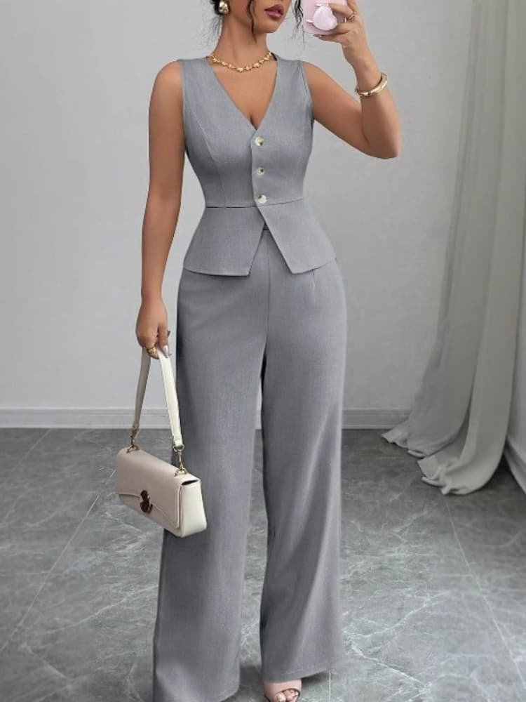 K New Women's Solid Color Sleeveless Bodycon Vest High-Waisted Pants Two-Piece Set