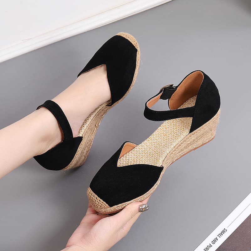 Women's fisherman shoes women's wedge heel thick sole new spring and autumn suede one word buckle high heel hollow single shoe straw
