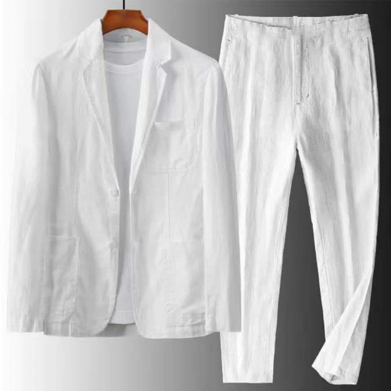 Men's Casual Linen Suit Set - Slim Fit Summer Blazer & Pants, Breathable & Lightweight, Stylish Office & Wedding Outfit (White/Black/Beige)