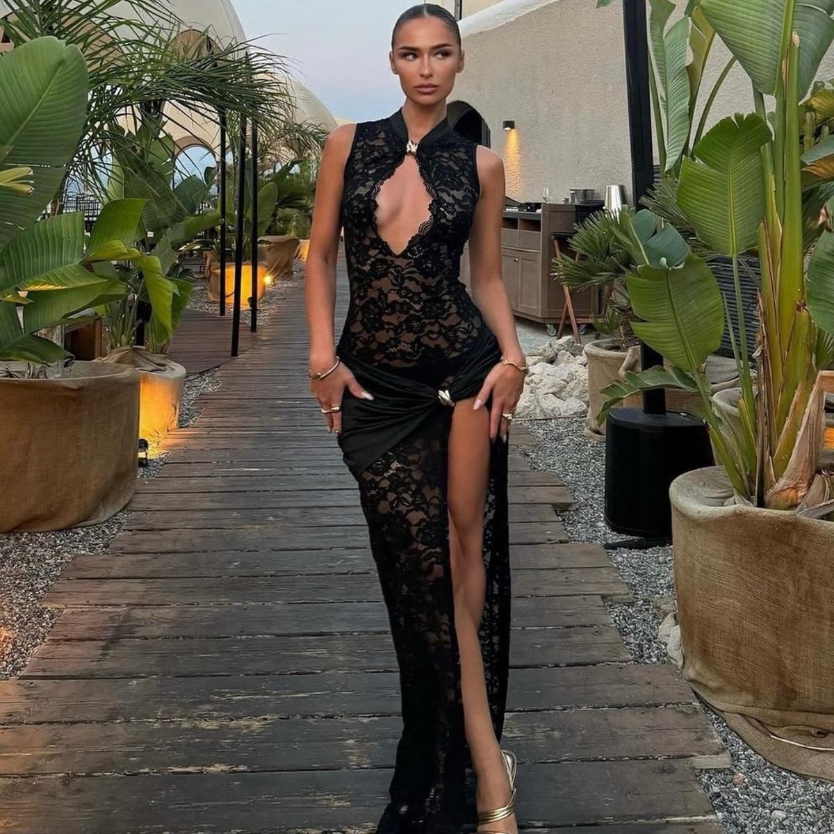 Women's Clothing New Sexy Fashion Lace Hollow High Slit Slim Sleeveless Dress For Women
