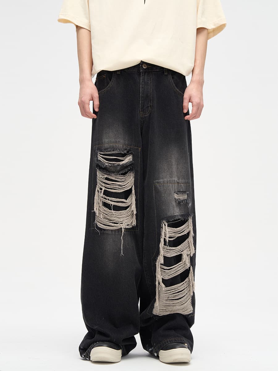 Men's And WomenCross-border Washed Jeans For In Spring And Autumn American Retro Raw Edge Design Loose Straight Wide-leg Floor Mopping Pants
