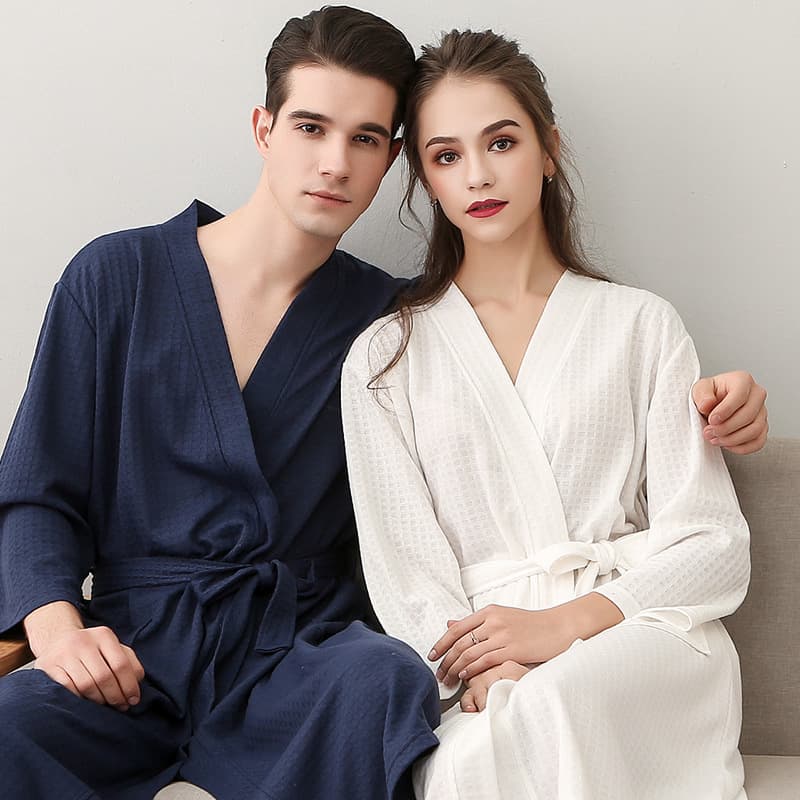 Spring and summer bathrobe women's thin waffle couple nightgown men and women summer three quarter sleeve Korean version bathrobe absorbent