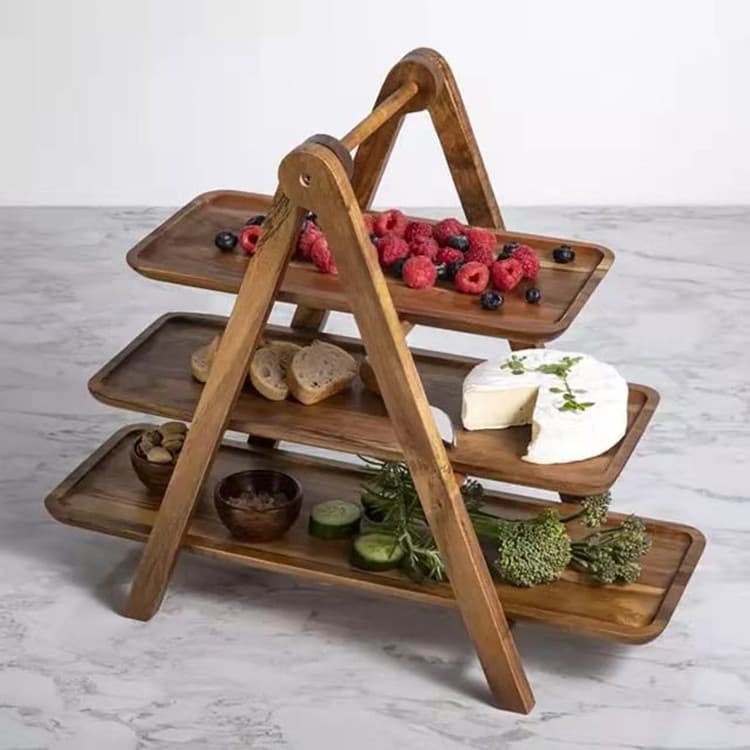 3-Tier Folding Serving Tray - Paulownia & Acacia Wood Food Display Stand Collapsible Hotpot Restaurant Serving Tray With Storage​