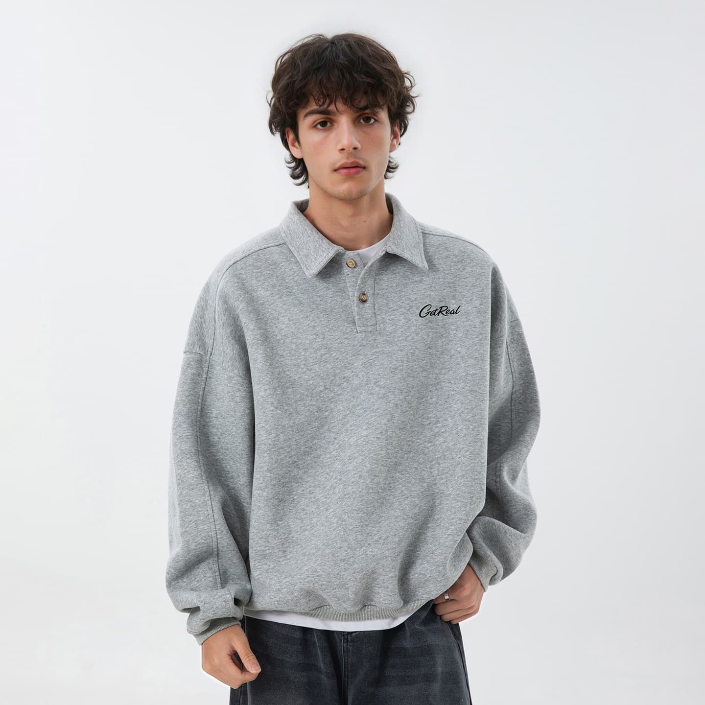 Men's Retro Oversized Polo Collar Sweatshirt - Long Sleeve Button Neck Pullover Top For Autumn (Black, Grey, White)​