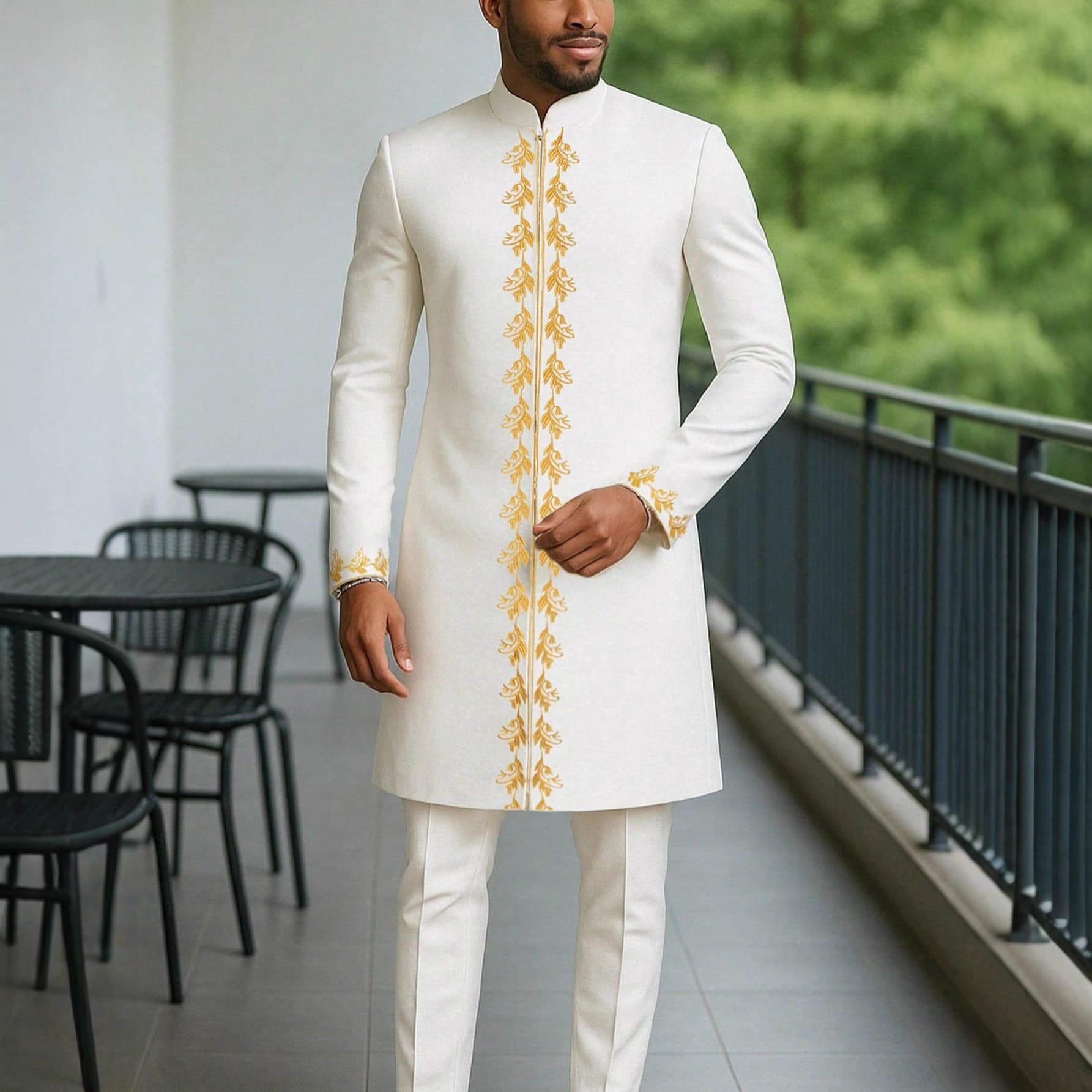 Muslim Men's African Style Two Piece Suit Long Sleeved Embroidered Festive Wedding Business Suit