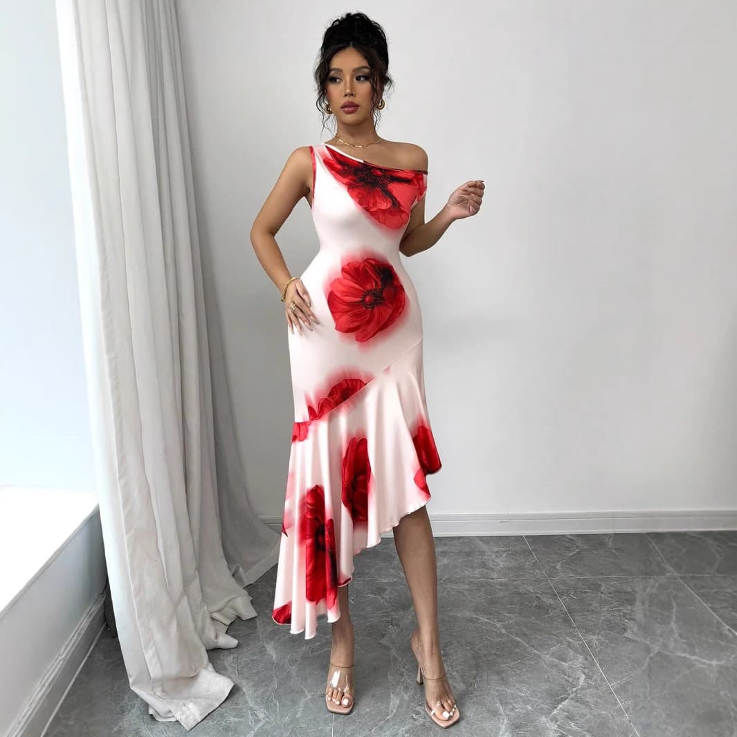 Women's Clothing Elegant Asymmetric Fitted Hibiscus Floral Positioning Print Dress