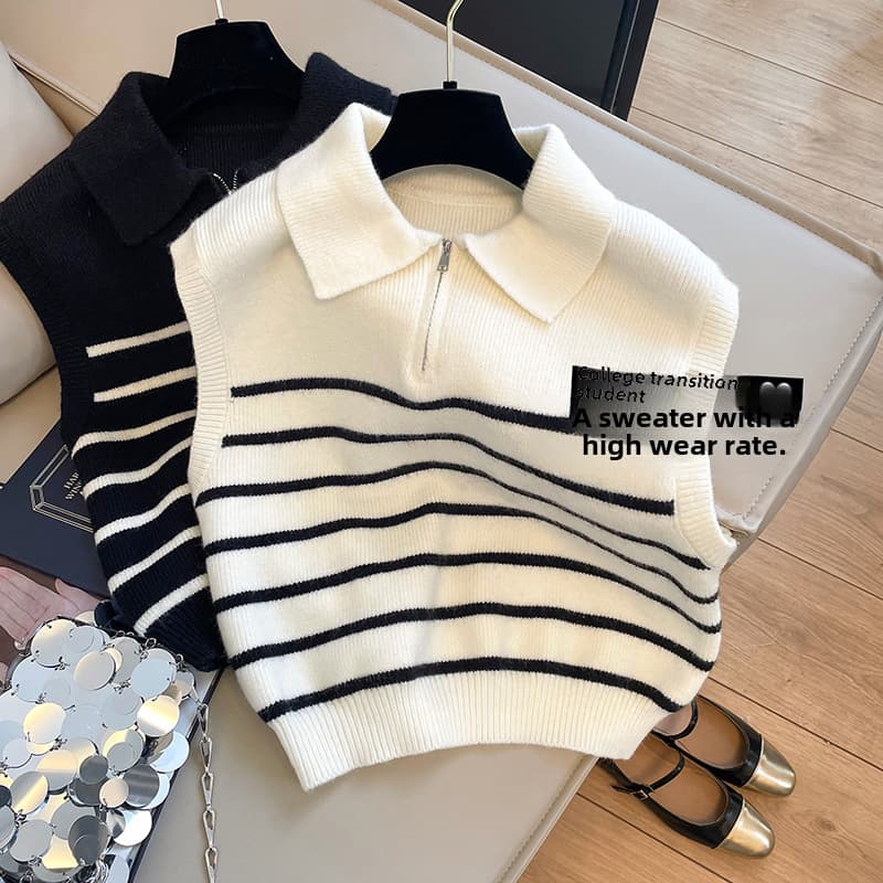Korean style retro lapel zipper striped knitted vest sweater women's autumn and winter inner wear outer wear temperament waistcoat women's