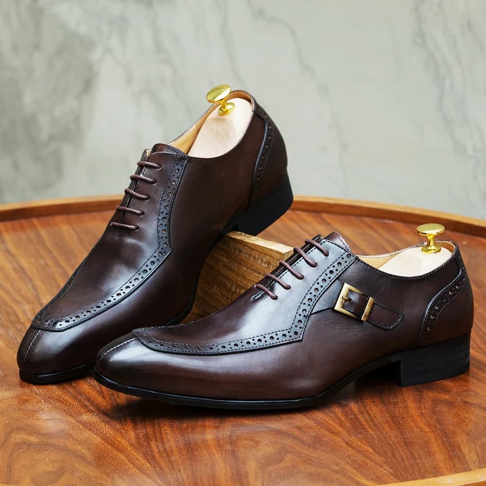 Men's Luxury Leather Dress Shoes Brown/Black Office Business Wedding Formal Lace-Up Pointed Toe Oxford With Buckle