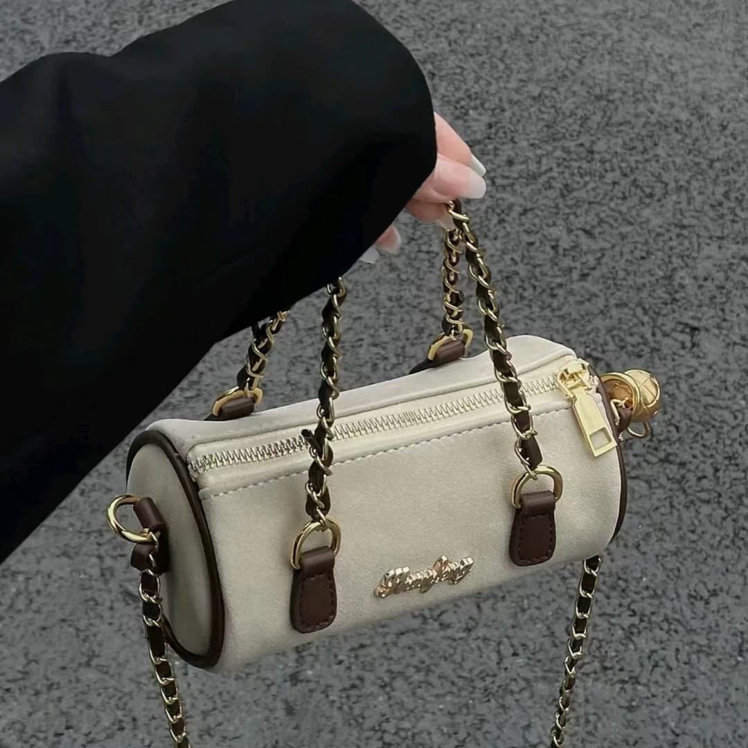 Women's Bucket Bag Vintage Chain Cylinder Bag Frosted Tote Bag Women's Premium Soft Side Crossbody Bag
