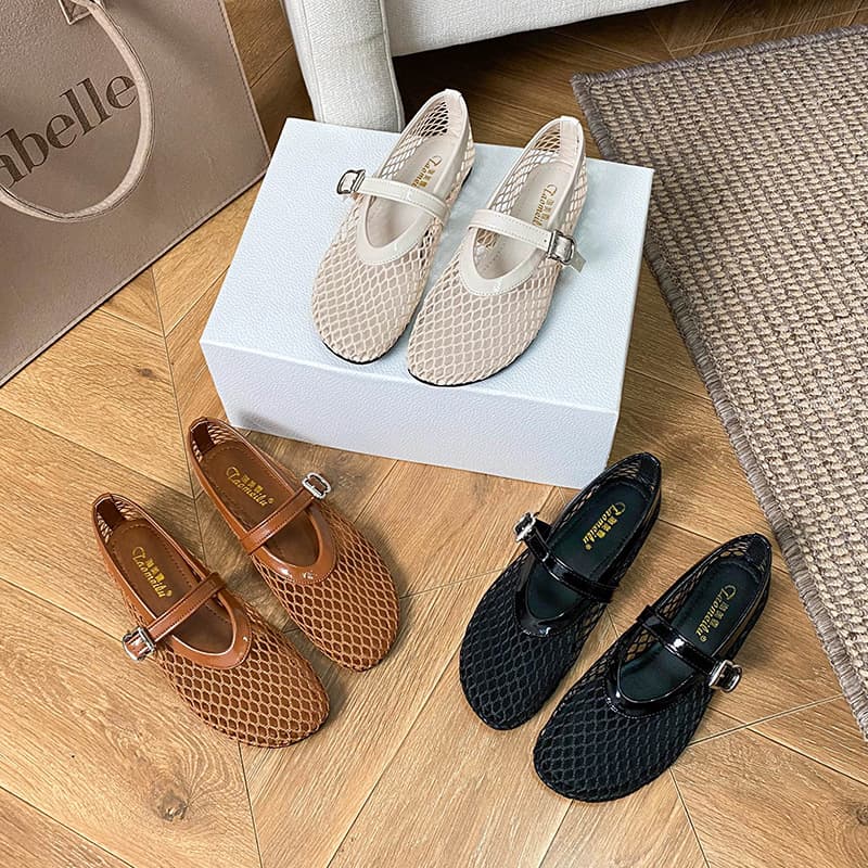 Summer New Style Women's Flat Soled Sandals Hollow Out Fishnet Mary Jane Single Shoes Mesh Ballet Shoes