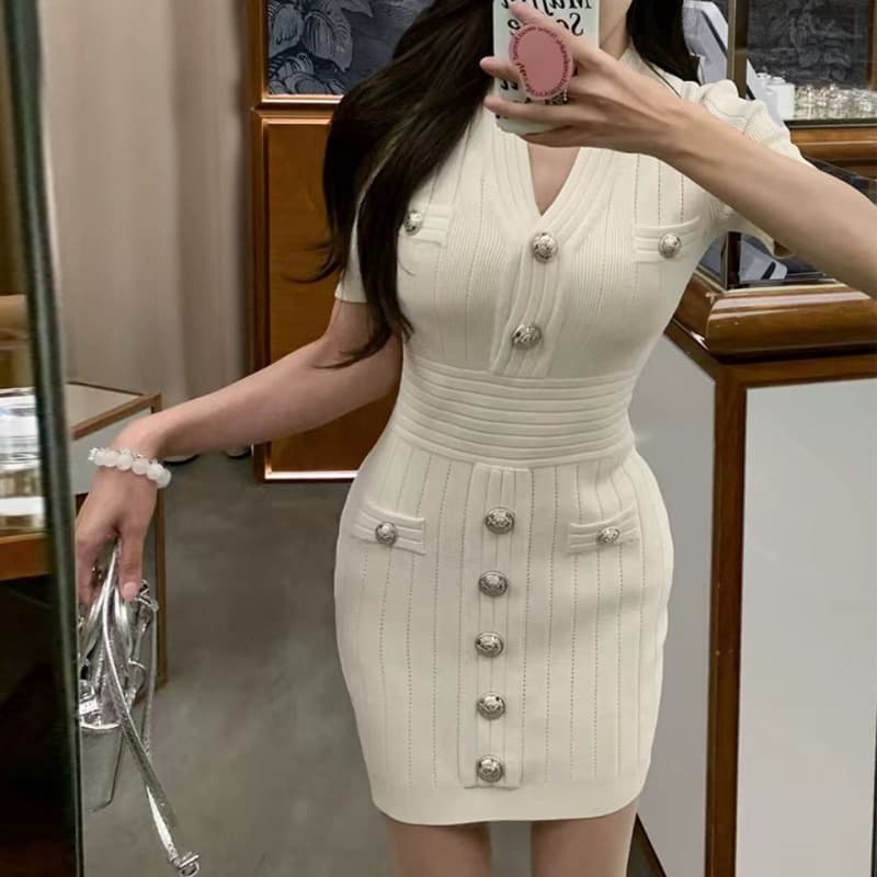 Women's Clothing New Sexy V Neck Short Sleeved Knitted Skirt Summer Waist Slimming Hip Skirt Single Breasted Dress