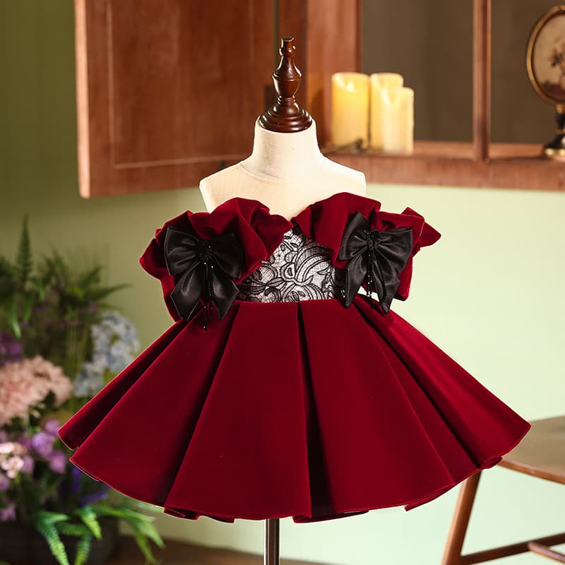 Girls Dress Wine Red Flower Girl Wedding Little Girl Princess Dress Children's Birthday Host Piano Performance Costume