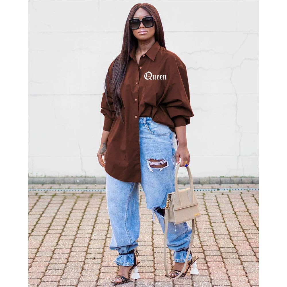 Women's blue lapel long sleeve temperament commuter single breasted cardigan plus size shirt