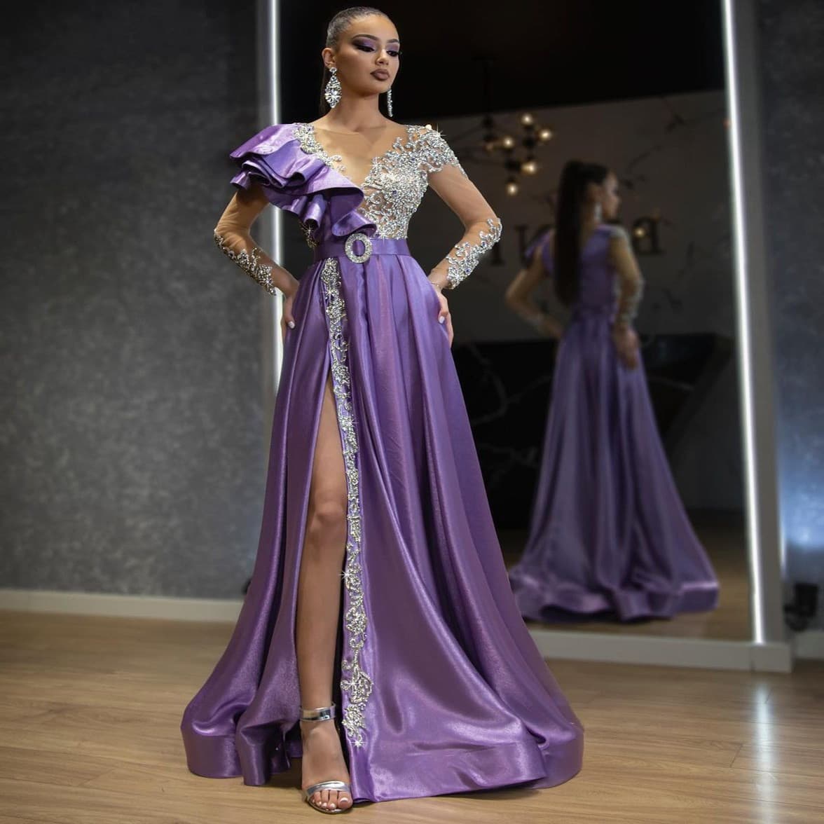 Women's Clothing Evening Dress Female Satin Sprinkled Gold Purple Sequined Dress