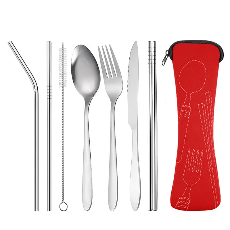 Outdoor Tableware Stainless Steel Portable Tableware Knife, Fork, Spoon, Chopsticks And Straws Seven-piece Set Tableware Storage Bag Gift Set