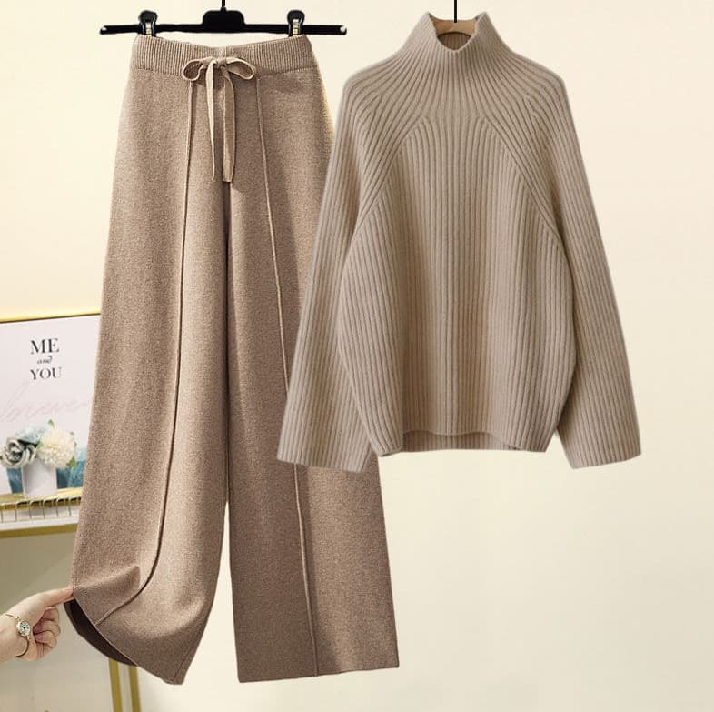 Ensemble coréen oversize en maille – Pull à grosses torsades et pantalon fluide à jambes larges, tenue d'hiver décontractée à col montant (Be