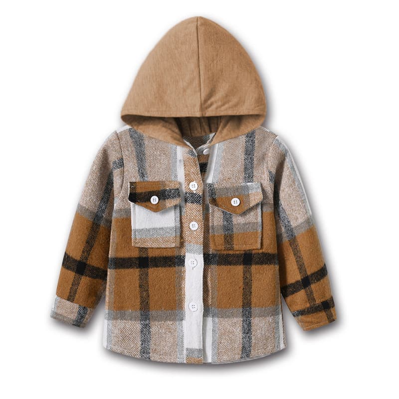 Spring Children's Top Neutral Hooded Long-sleeved Woolen Plaid Shirt Coat Big Child Style