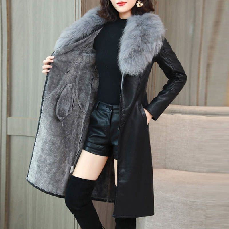 Women's Large Fur Collar Winter Fur Coat Women Plus Fleece Thickened Medium Long