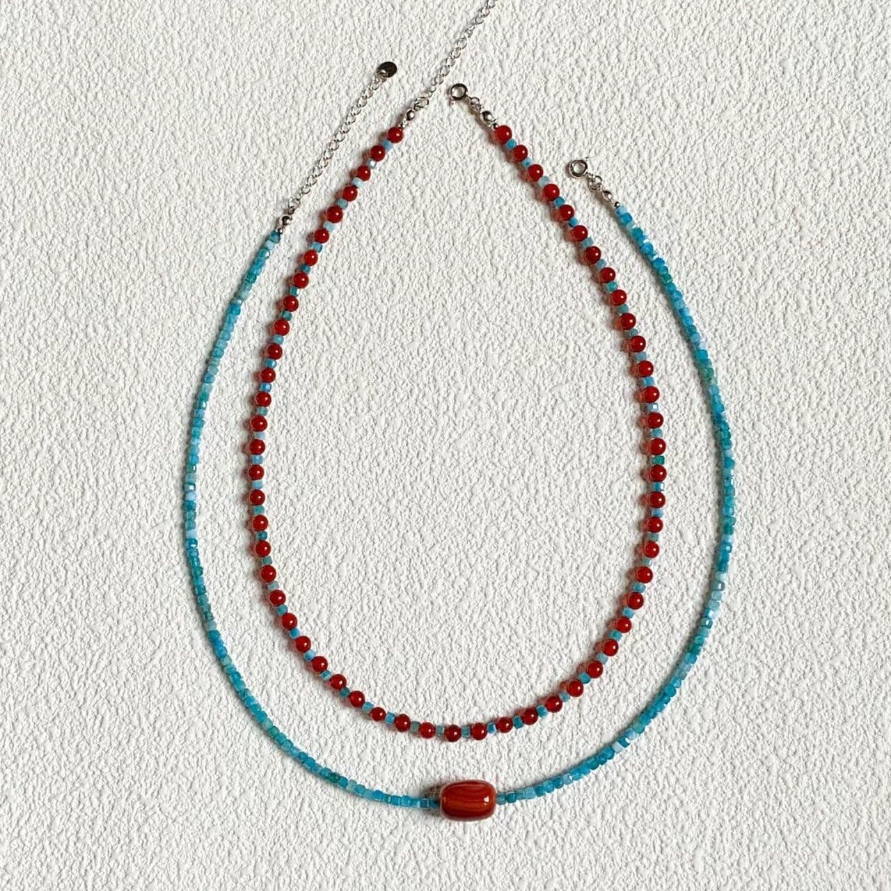 Blooming Flowers~ 2 Vintage ! Atmosphere Collarbone Chain For Women Red And Blue Beaded Ins Niche Design Elegant Choker