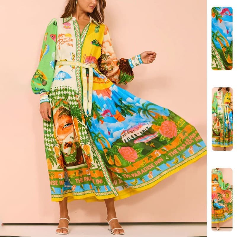 2026 Spring New Women's Clothing European And American Cross-Border Casual Lantern Sleeve Belted Printed Cardigan Dress