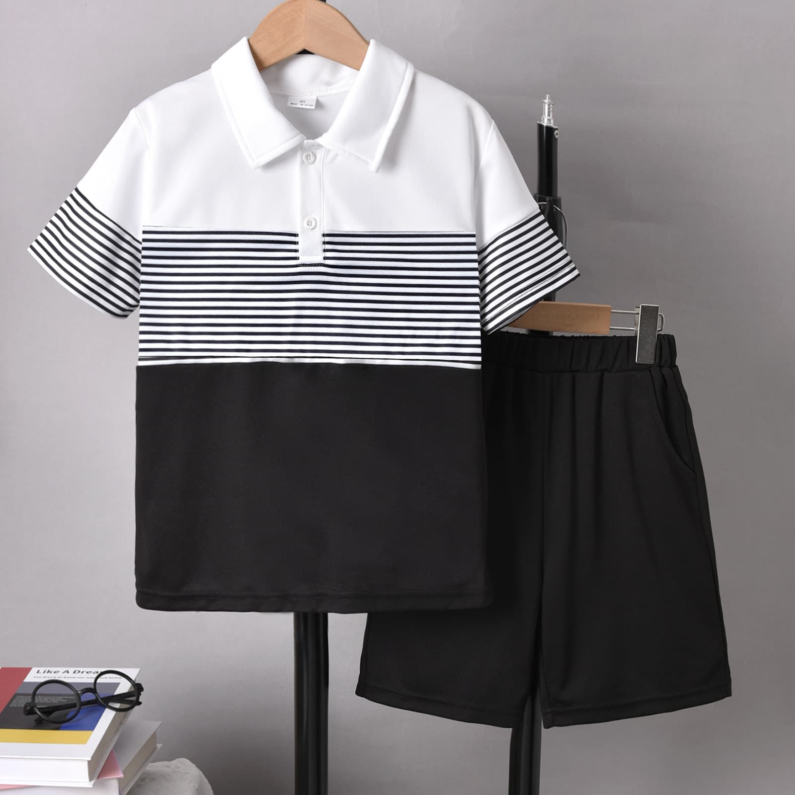 Kids Clothing boy's short-sleeved lapel contrast color T-shirt boy's striped children's white short-sleeved polo shirt two-piece suit