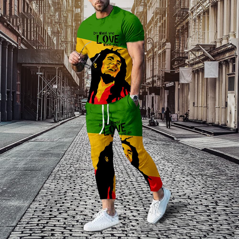 Men's Short Sleeved Long Pants Loose Set, Fashion 3D Digital Printing Sports Edition