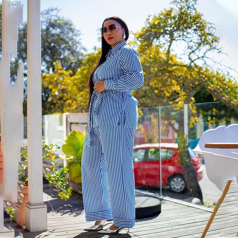 Women's Clothing Autumn And Winter Street Casual Printed Striped Two Piece Suit Long Sleeve Single Breasted Lapel Tie Side