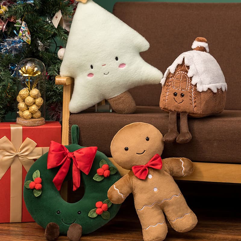Hemo Cartoon Christmas Throw Pillow – Plush Holiday Decor With Embroidery (Gingerbread Man, Tree, Wreath & House Designs)