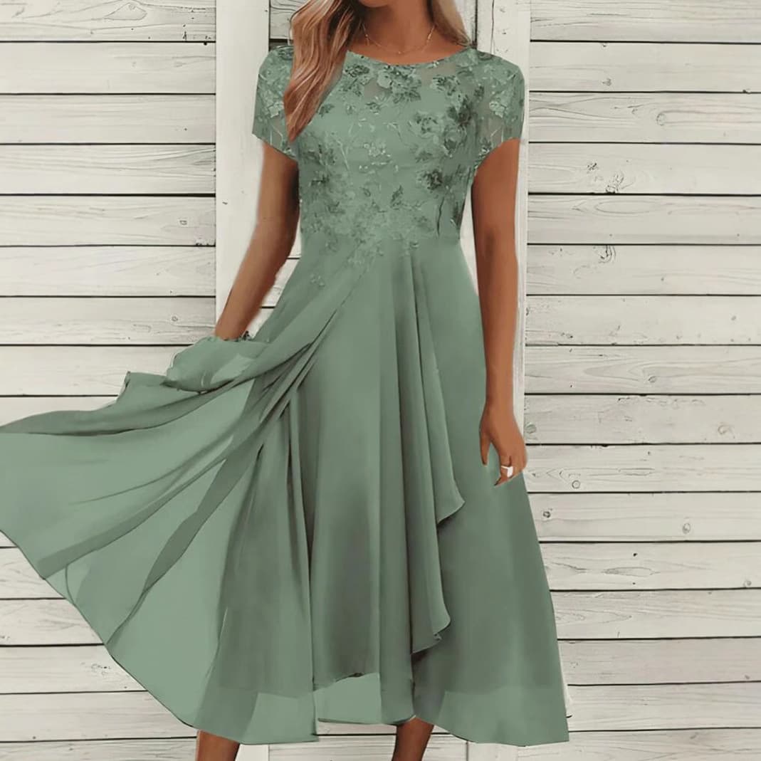 Women's Clothing Dress Chiffon Splicing Round Neck Lace Hollow Long Dress Bridesmaid Evening Dress