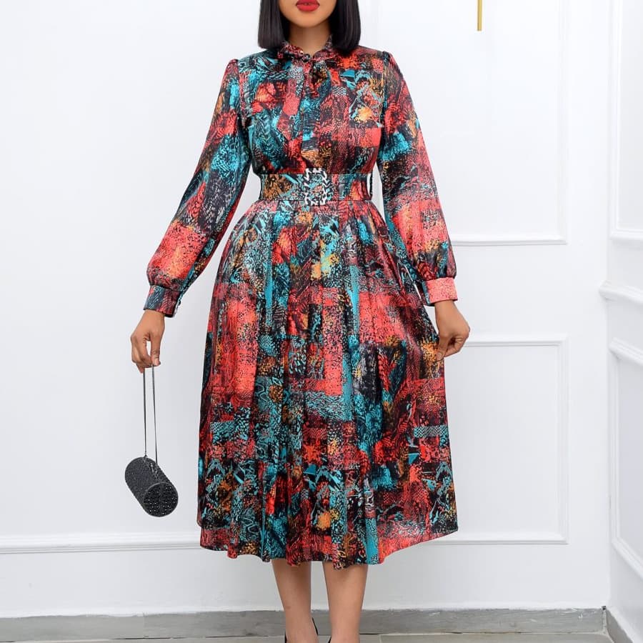 Women's Clothing Long-Sleeved High-Waist Printed Large-Size Banquet Dress