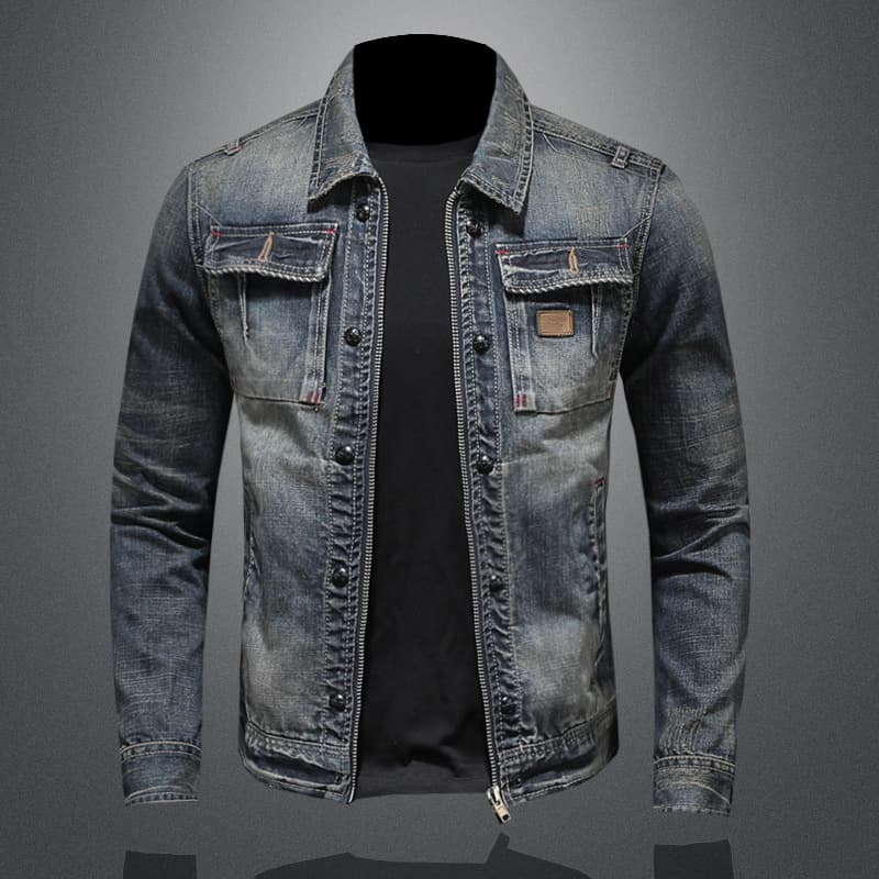 Men's Biker Denim Jacket - Distressed Zipper Detail | Retro Motorcycle Jacket