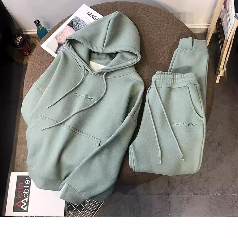 Women's Clothing autumn and winter thickened plus velvet loose hooded sweatshirt women's leggings suit sports leisure two piece suit women