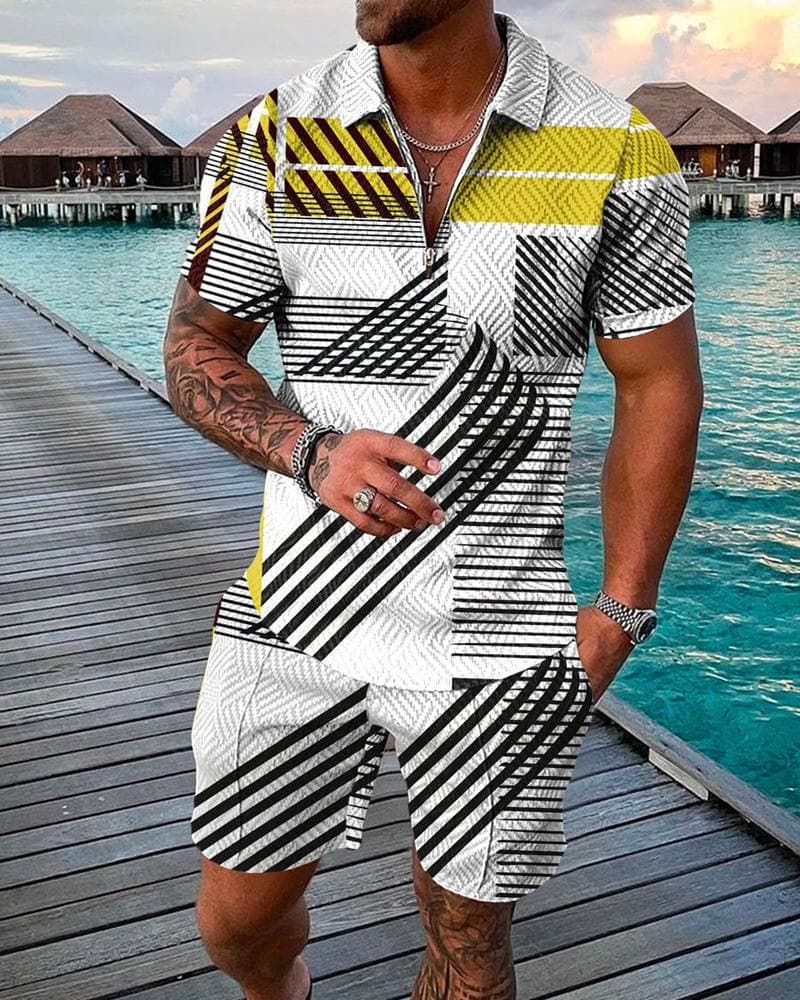 Men's Zipper Polo Shirt Suit Men's Casual 3D Printing Casual Shorts