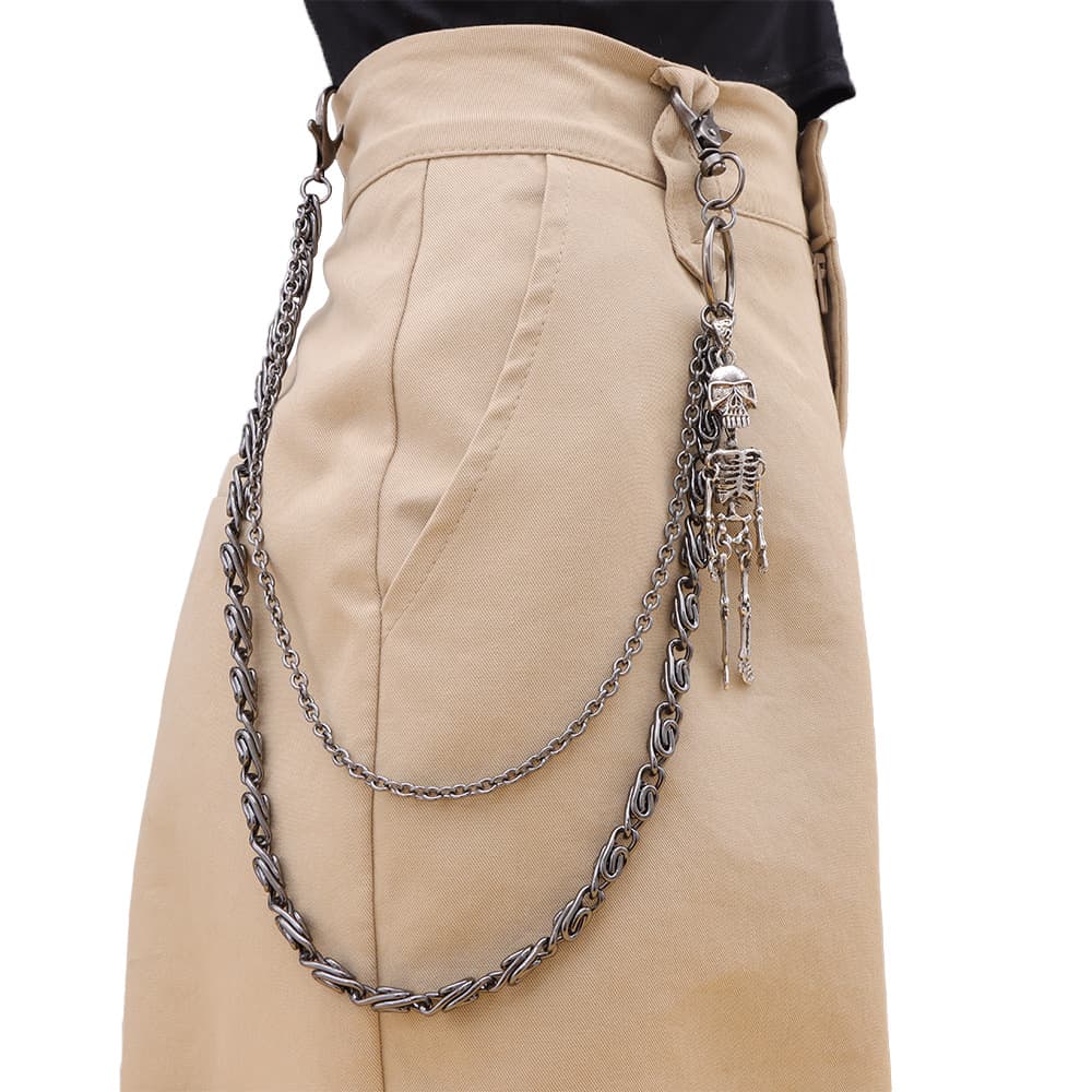 Gunmetal Black Double-Layer Chain With Skull Pendant - Punk Hip-Hop Gothic Belt Chain For Men & Women​