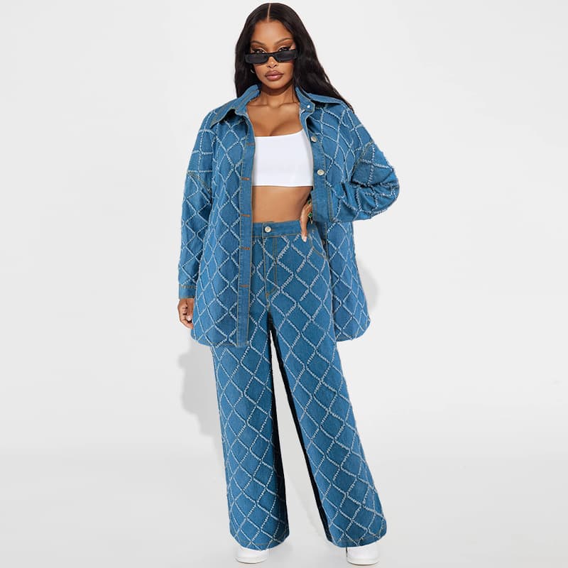 Women's Clothing Denim Fringe Plaid Cardigan Drop Shoulder Long Sleeve Suit